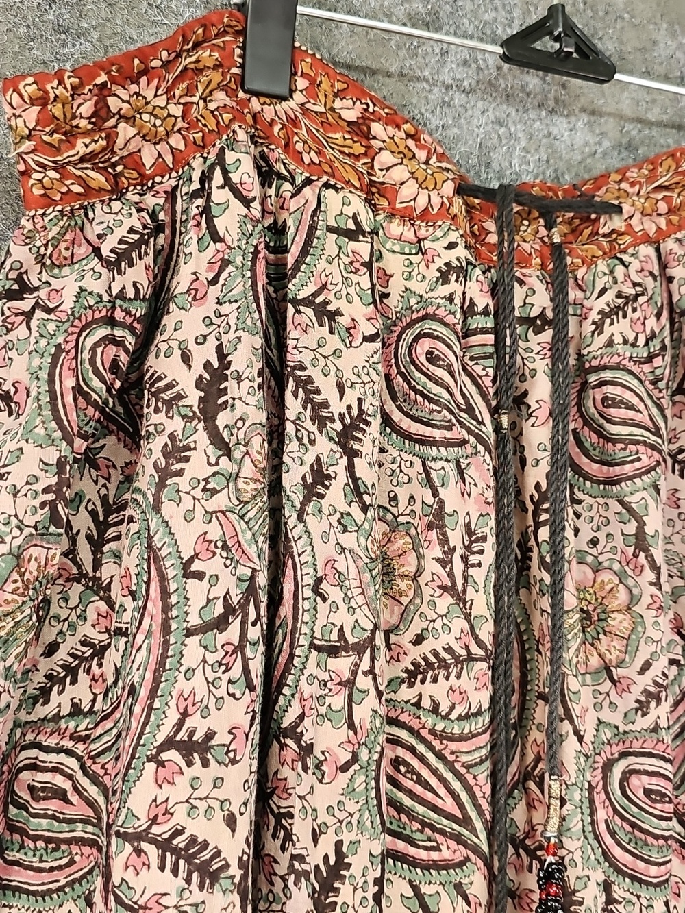 Fashion Passport Drawstring Skirt, Cotton, Pink Mint Rust Paisley Floral, Size S - Picture 4 of 9